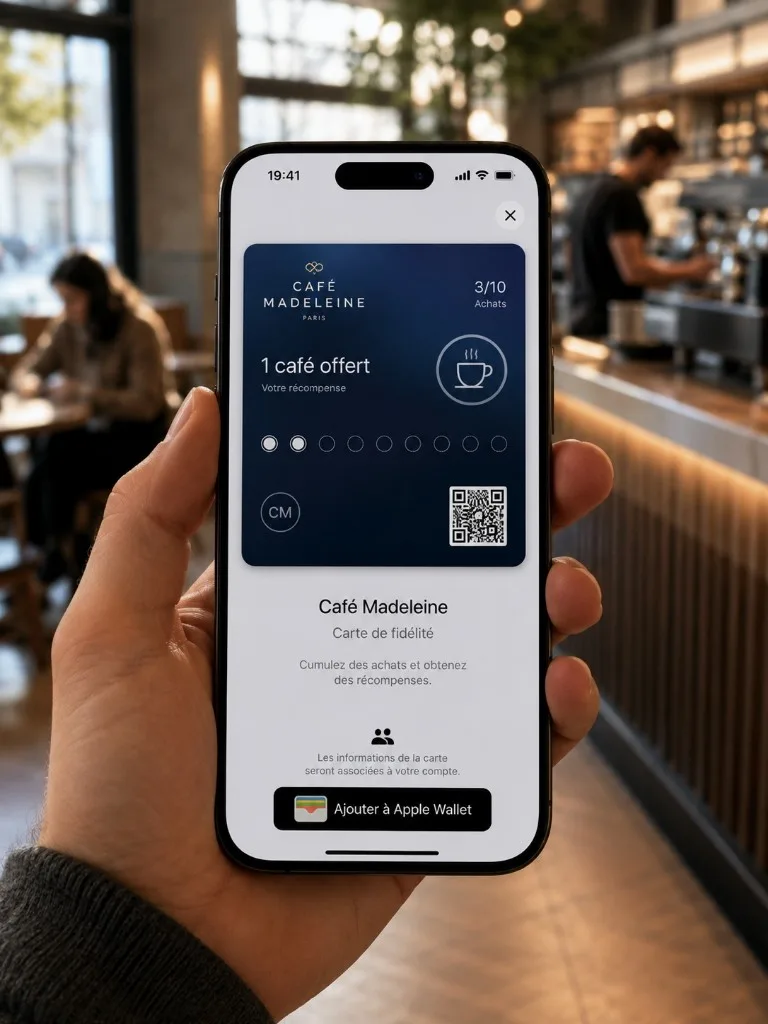 Carte de fidélité Café Madeleine prête à être ajoutée à Apple Wallet sur un iPhone